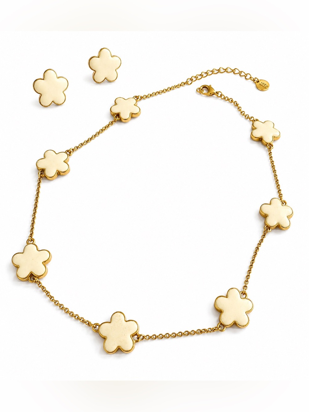 KEP Designs White Flower Necklace & Stud Earrings Matching Set Gold Tone